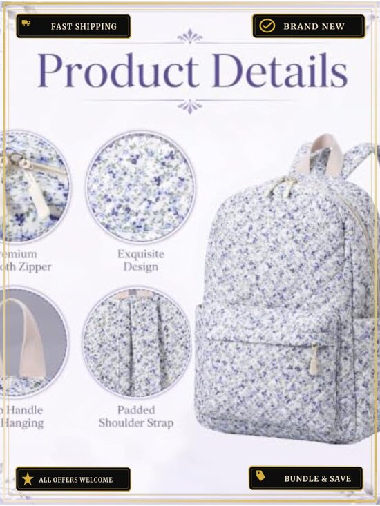 Quilted Floral Backpack Set with Lunch Bag and Pencil Pouch for Women
